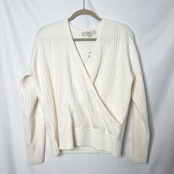 LOFT Sweaters - LOFT Ivory Ribbed Wrap V-Neck Sweater Size Large New with tags